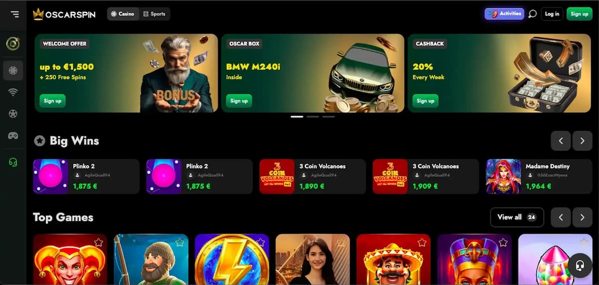 OscarSpin-Curacao-Lizenz, keine Verifizierung bei kleinen Summen. Tausende Slots von Pragmatic, NetEnt & Hacksaw, plus Bonus bis 1.500 €, No-Deposit-Aktionen & VIP-Programm. Krypto, E-Wallets & Karten verfügbar – ideal für Slot-Fans mit Flexibilität.