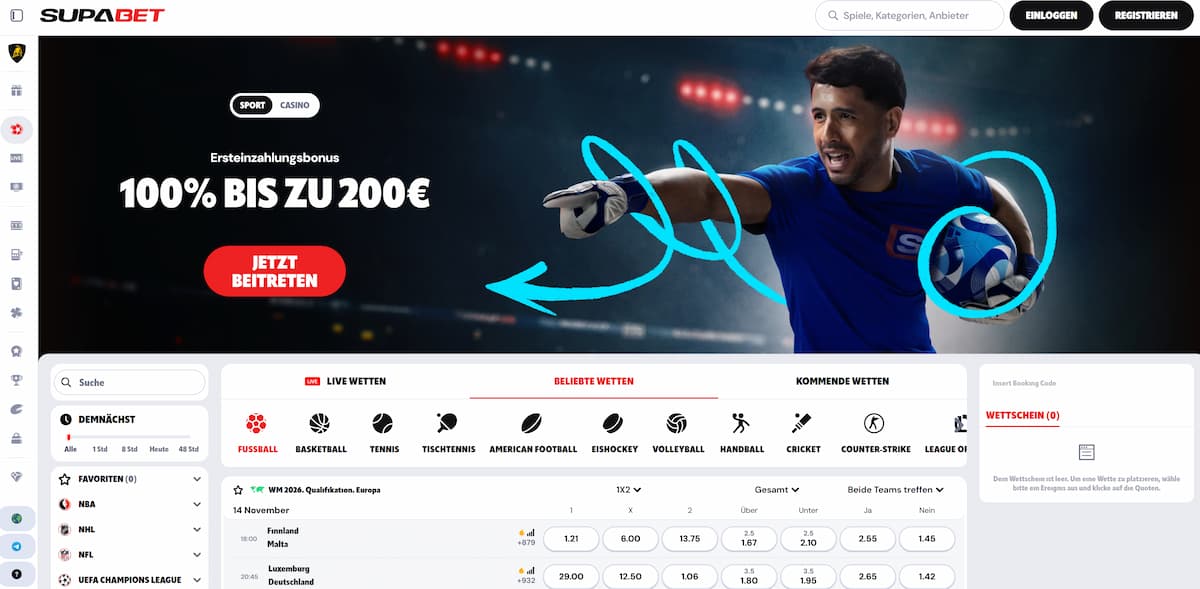 Supabet - Schnelle Anmeldung ohne Verifizierung, möglich durch Anjouan-Lizenz. Riesige Auswahl an Slots, Tisch- & Live-Spielen. Akzeptiert Krypto (BTC, ETH, LTC), E-Wallets & Karten. Keine festen Limits, schnelle Auszahlungen, VIP-Programm & bis zu 15 % Cashback – perfekt für flexible Spieler.